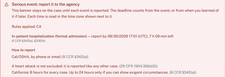 HazComFast serious event banner on an OSHA 301 case: Rules applied: CA; in-patient hospitalization (formal admission), report by 09/30/2026 17:01 UTC with 7 hours 09 minutes left, citing 8 CCR 342(a) and 330(h); how to report: Cal/OSHA by phone or email; and the line California: 8 hours for every case, up to 24 hours only if you can show exigent circumstances