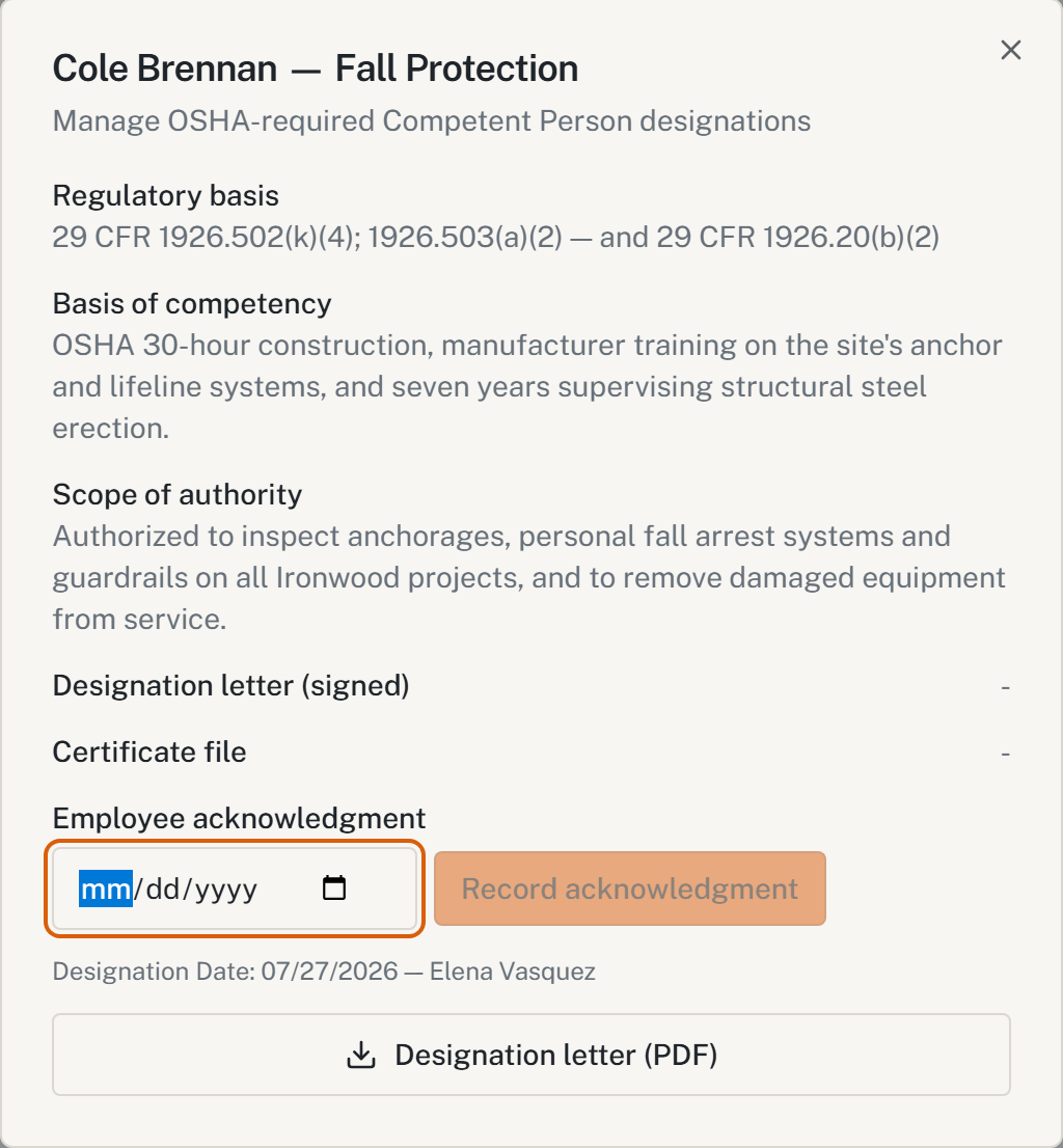 HazComFast competent person designation for Cole Brennan, Fall Protection: regulatory basis 29 CFR 1926.502(k)(4), 1926.503(a)(2) and 1926.20(b)(2), the basis of competency, the scope of authority, the signed letter, the employee acknowledgment date, and a Designation letter (PDF) button