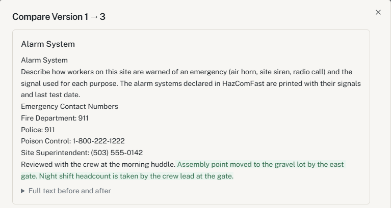 HazComFast Compare Version 1 to 3 window for an emergency action plan, Alarm System section: the text of both versions with the addition shown in green, Assembly point moved to the gravel lot by the east gate. Night shift headcount is taken by the crew lead at the gate, and a link to the full text before and after