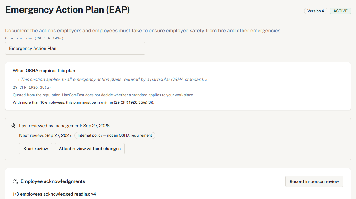 HazComFast emergency action plan, Version 4, Active, Construction (29 CFR 1926): the quoted scope of 29 CFR 1926.35(a), the written-plan rule of 1926.35(e)(3), last reviewed by management Sep 27, 2026, next review Sep 27, 2027 marked Internal policy, not an OSHA requirement, and 1/3 employees acknowledged reading v4