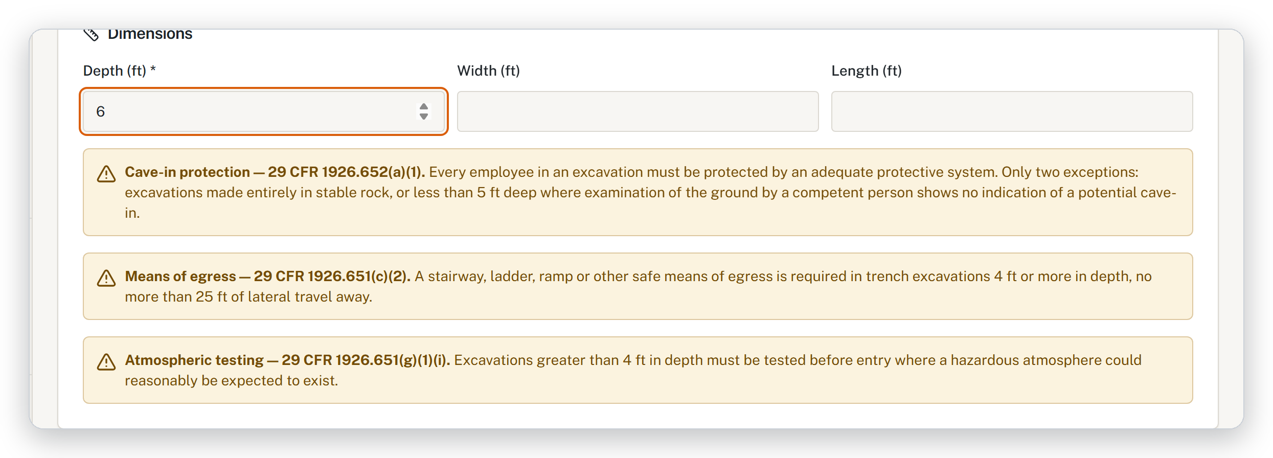 HazComFast excavation permit at 6 ft depth showing three separate alerts: cave-in protection per 29 CFR 1926.652(a)(1), means of egress per 1926.651(c)(2), and atmospheric testing per 1926.651(g)(1)(i)