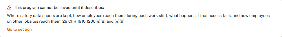HazComFast message: This program cannot be saved until it describes where safety data sheets are kept, how employees reach them during each work shift, what happens if that access fails, and how employees on other jobsites reach them, 29 CFR 1910.1200(g)(8) and (g)(9), with a link to the section