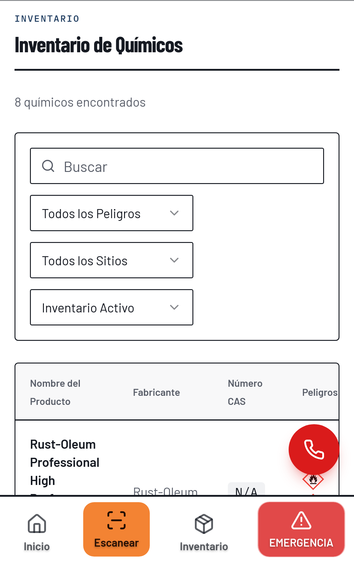 HazComFast chemical inventory on a phone with the app set to Spanish: title, search, hazard and site filters, column headers and navigation in Spanish, product names as the manufacturer wrote them