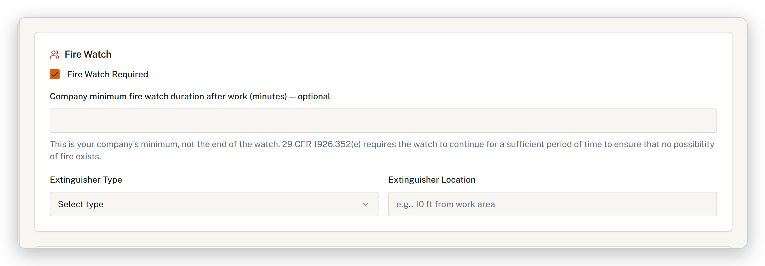 HazComFast hot work permit fire watch section: the duration field is labeled 'Company minimum fire watch duration after work (minutes) — optional', with the note that 29 CFR 1926.352(e) requires the watch to continue until no possibility of fire exists