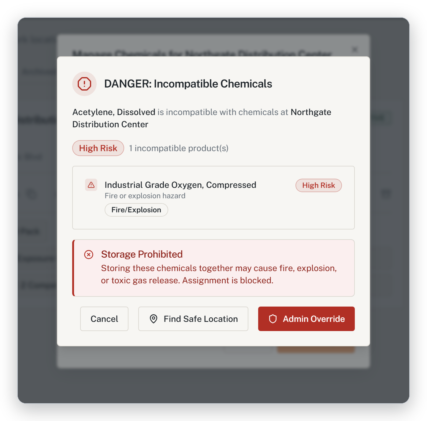 HazComFast blocking dialog when assigning acetylene to a jobsite that stores compressed oxygen: DANGER Incompatible Chemicals, naming the conflicting product, Fire/Explosion reaction type, and the Storage Prohibited verdict