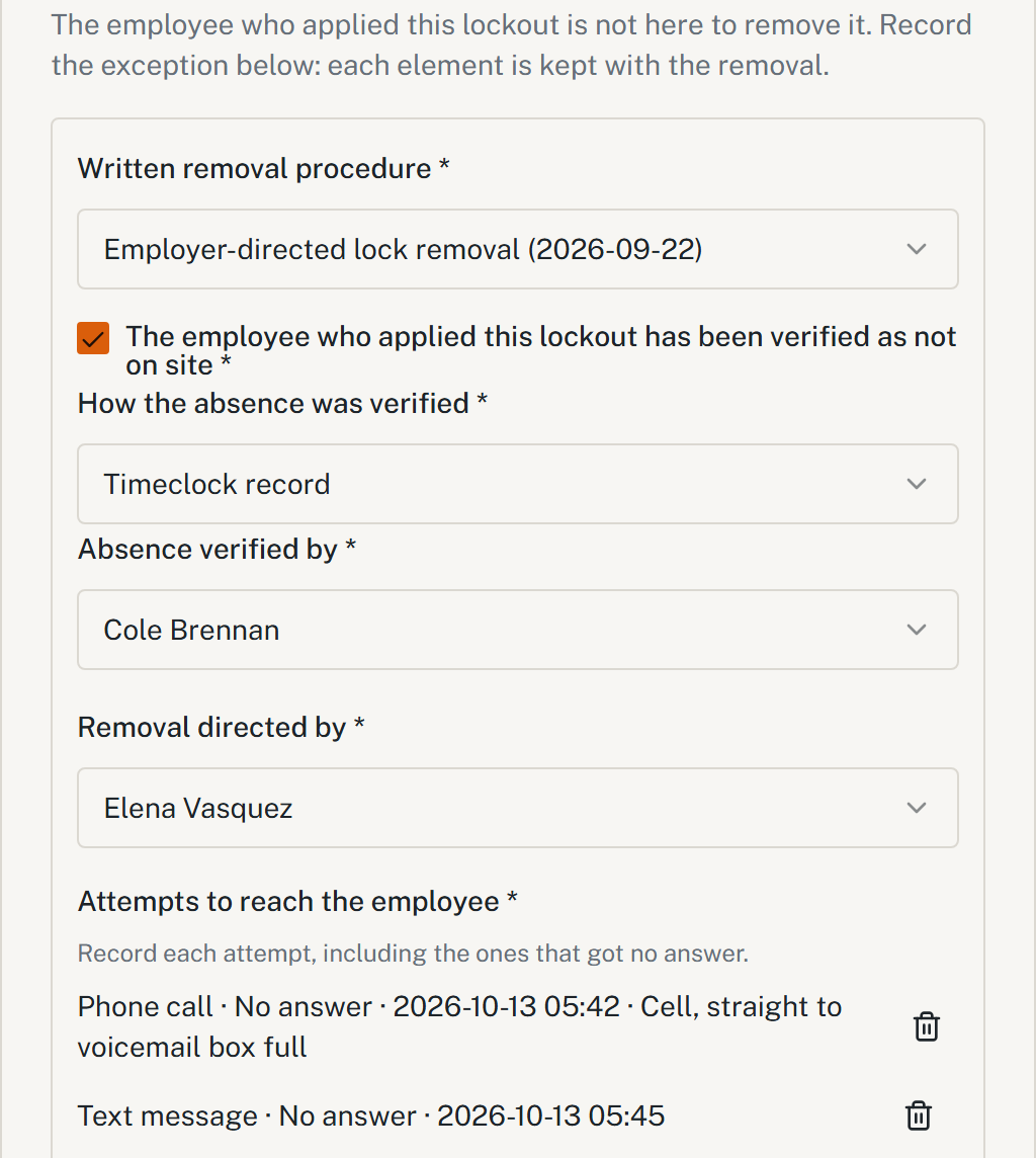 HazComFast supervisor-directed removal of a lockout: written removal procedure Employer-directed lock removal (2026-09-22); the employee who applied this lockout verified as not on site by timeclock record, by Cole Brennan; removal directed by Elena Vasquez; attempts to reach the employee, phone call no answer at 05:42 and text message no answer at 05:45