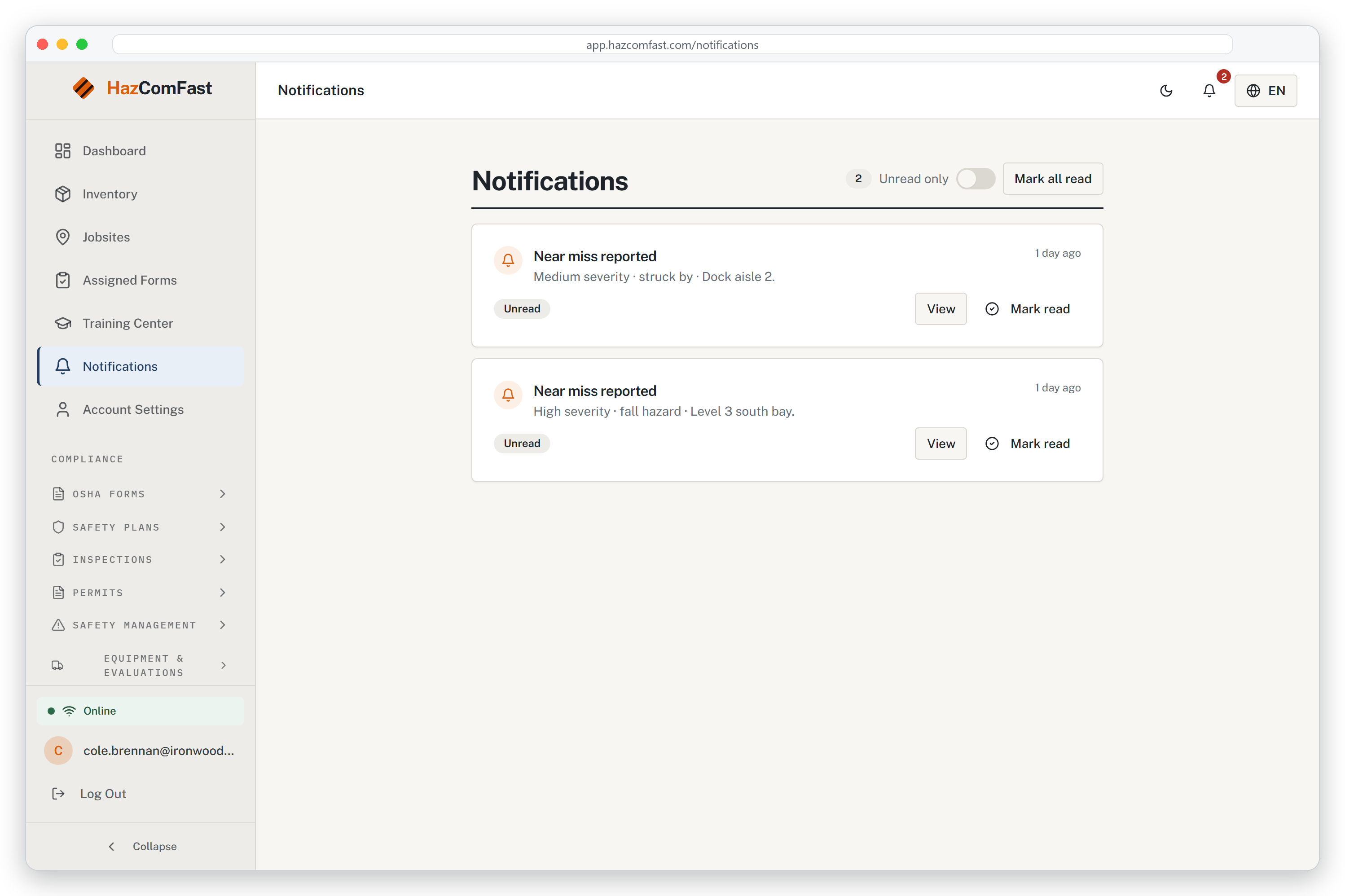 HazComFast notifications page for a site manager: two near-miss reports, a high-severity fall hazard on Level 3 south bay and a medium-severity struck-by in Dock aisle 2, both marked Unread