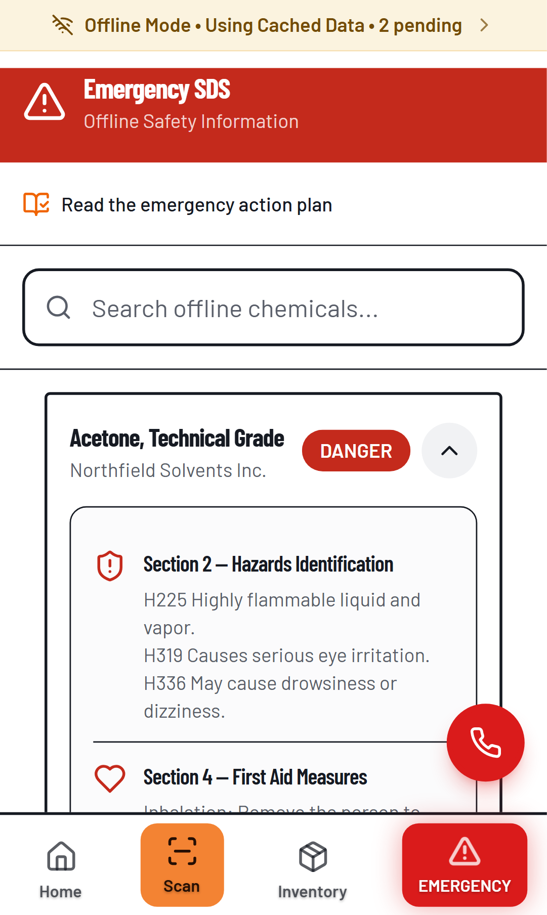 HazComFast on a phone with no signal: a banner reading Offline Mode, Using Cached Data, 2 pending; the Emergency SDS screen with a link to read the emergency action plan, a search of offline chemicals, and the card for Acetone, Technical Grade, DANGER, open at Section 2 and Section 4, with Home, Scan, Inventory and Emergency buttons