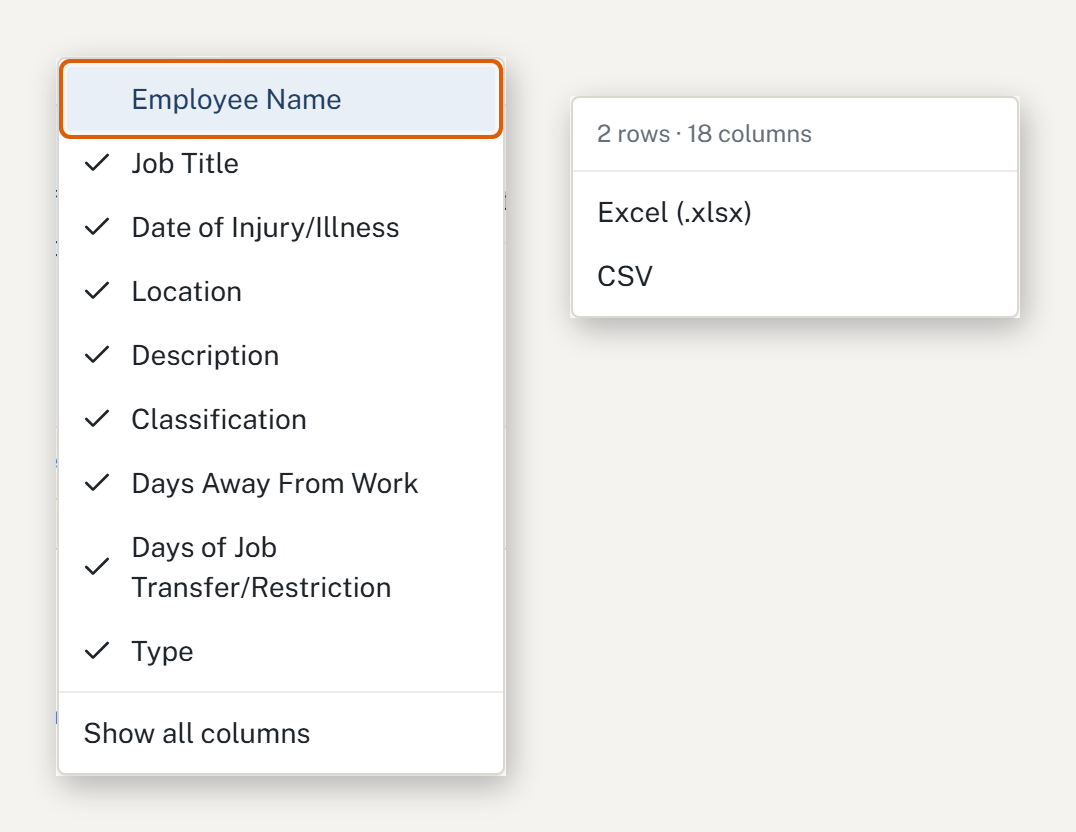 HazComFast OSHA 300 Log menus: the Columns menu with Employee Name unticked and the other columns ticked (job title, date of injury or illness, location, description, classification, days away from work, days of job transfer or restriction, type), and the export menu showing 2 rows and 18 columns with the choice of Excel (.xlsx) or CSV