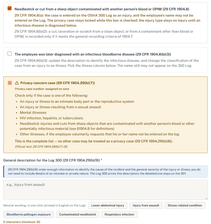 HazComFast OSHA 301 entry: the contaminated needlestick box checked under 29 CFR 1904.8, the privacy concern case checked and locked with the complete 1904.29(b)(7) list, and the 1904.29(b)(9) general description field with one-click neutral wordings such as Contaminated needlestick and Bloodborne pathogen exposure