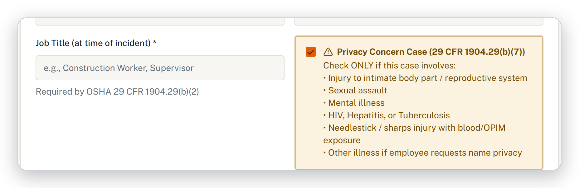 HazComFast OSHA 301 form with the Privacy Concern Case checkbox checked, listing the six 29 CFR 1904.29(b)(7) categories beside the entry fields