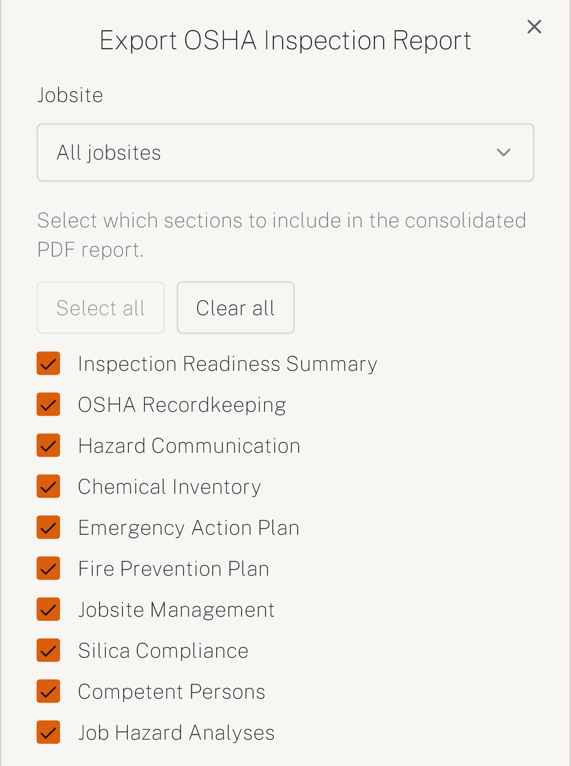 HazComFast Export OSHA Inspection Report dialog on a phone: jobsite selector set to All jobsites, and checkboxes for the sections of the consolidated PDF, from Inspection Readiness Summary, OSHA Recordkeeping, Hazard Communication and Chemical Inventory to Emergency Action Plan, Fire Prevention Plan, Silica Compliance, Competent Persons and job hazard analysis