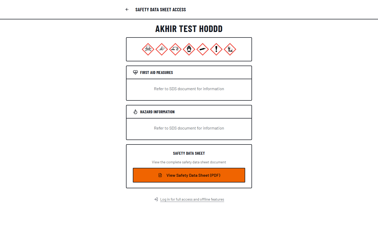 HazComFast public scan screen: one product's GHS pictograms, first aid section and a View Safety Data Sheet button — reached from a container QR code without an account