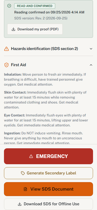 HazComFast on a worker's phone after reading an SDS: Read and confirmed, reading confirmed on 09/25/2026 for SDS version Rev. 2 (2026-09-25), a Download my proof (PDF) button, the hazards identification and first aid sections, and the Emergency, Generate Secondary Label, View SDS Document and Download SDS for Offline Use buttons