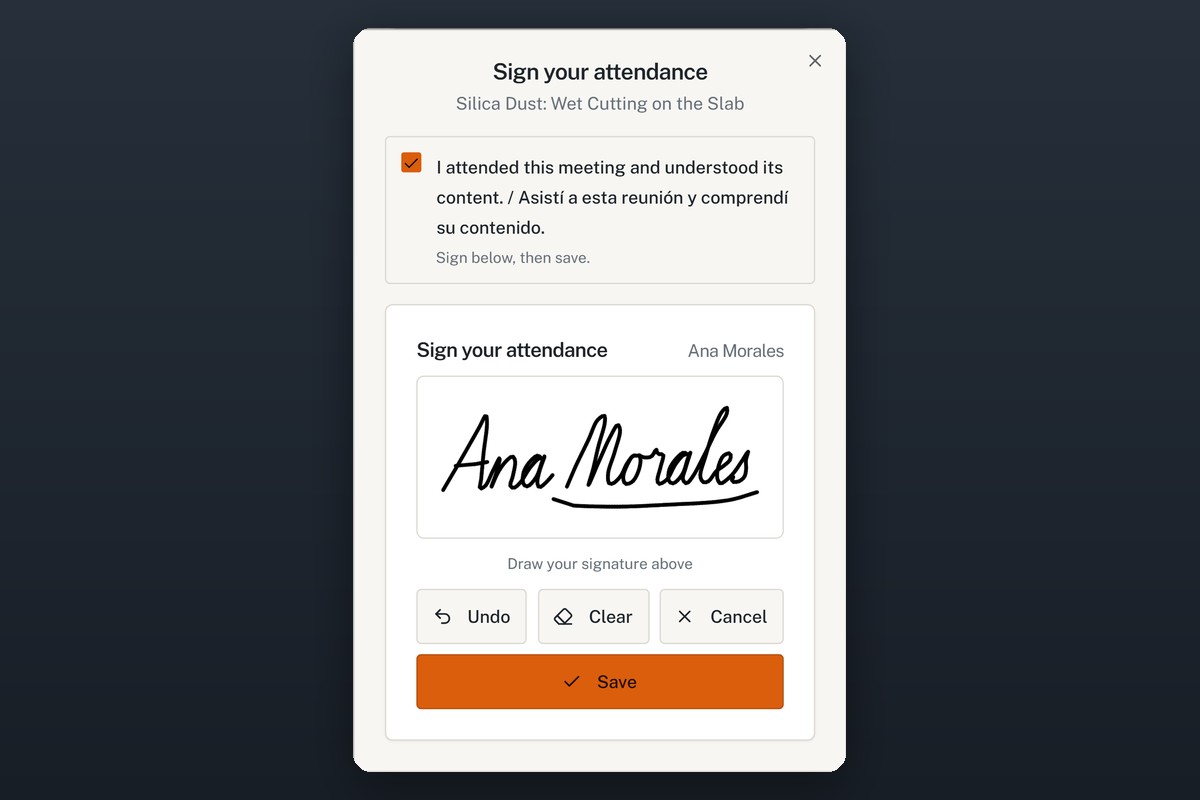 HazComFast toolbox talk sign-in on a worker's phone: the Sign your attendance window for a silica talk, Silica Dust: Wet Cutting on the Slab, with the statement 'I attended this meeting and understood its content. / Asistí a esta reunión y comprendí su contenido.' ticked, Ana Morales's handwritten signature drawn with a finger, and the Save button ready.