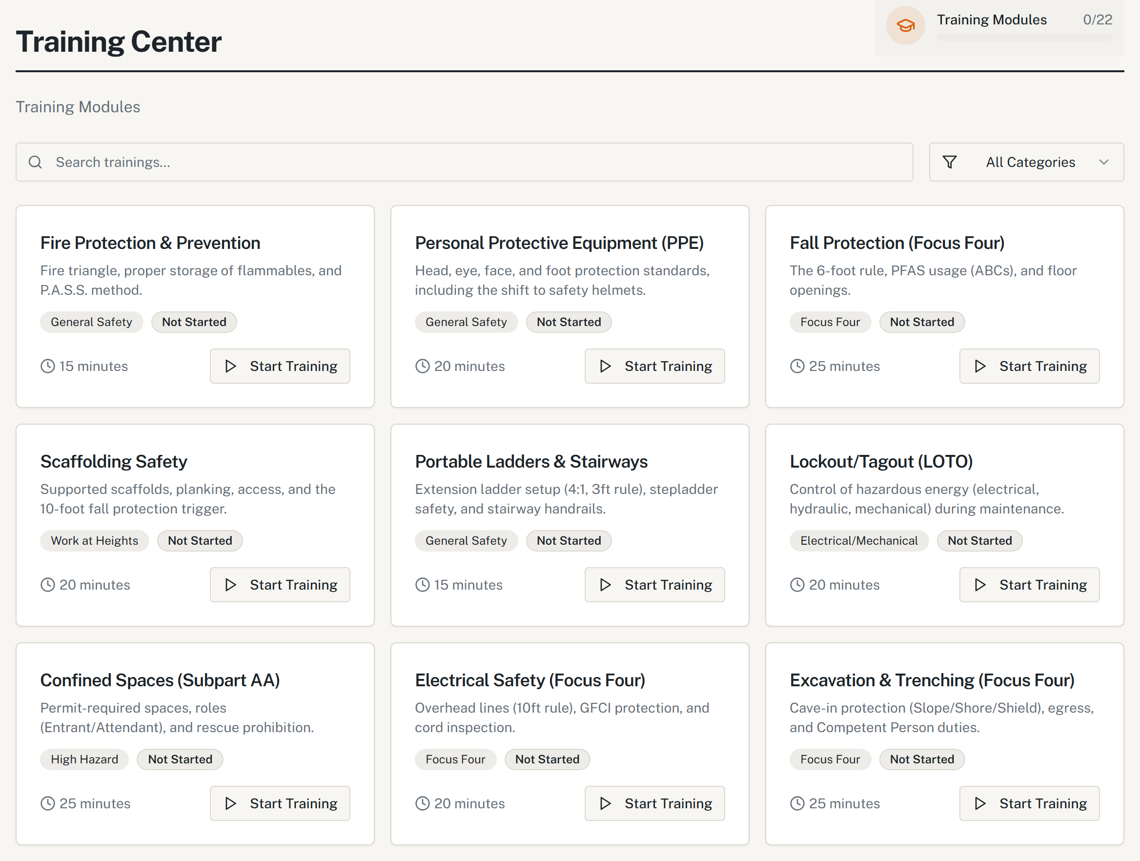 HazComFast Training Center: 22 training modules with a progress counter, a search box and a category filter; cards for Fire Protection, PPE, Fall Protection, Scaffolding Safety, Portable Ladders, Lockout/Tagout, Confined Spaces, Electrical Safety and Excavation, each with its category and duration