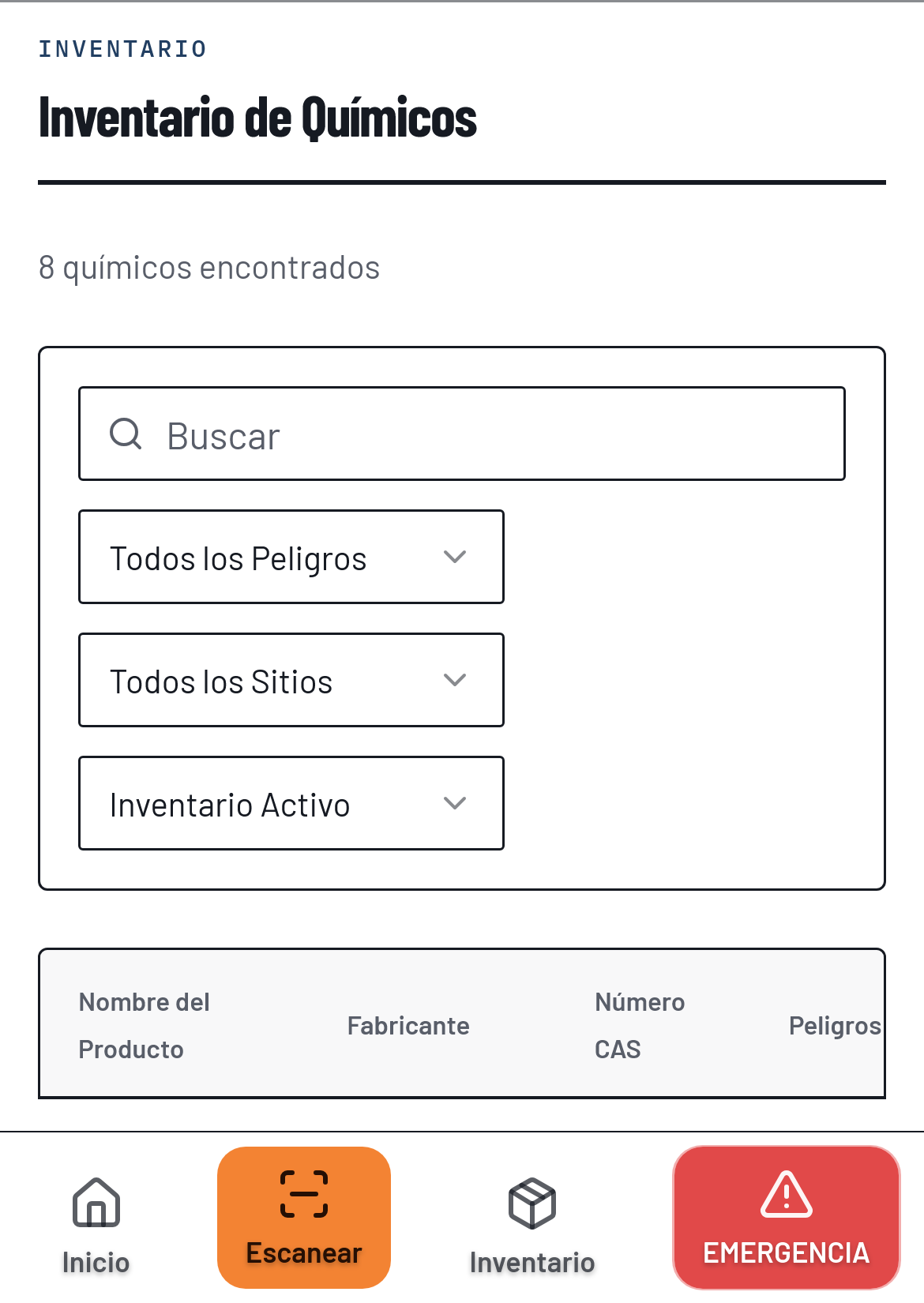 HazComFast chemical inventory on a phone with the app set to Spanish: Inventario de Químicos, 8 químicos encontrados, the Buscar search, hazard, site and inventory filters, Spanish column headers, and the Inicio, Escanear, Inventario and Emergencia buttons